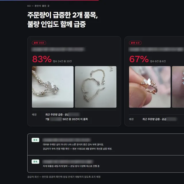 월간 CS Summary에서 원인이 몰린 품목과 후속 조치를 정리한 화면