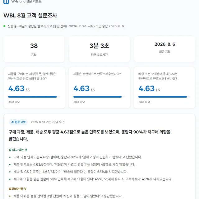고객 설문에서 만족도와 자유 의견을 집계한 화면